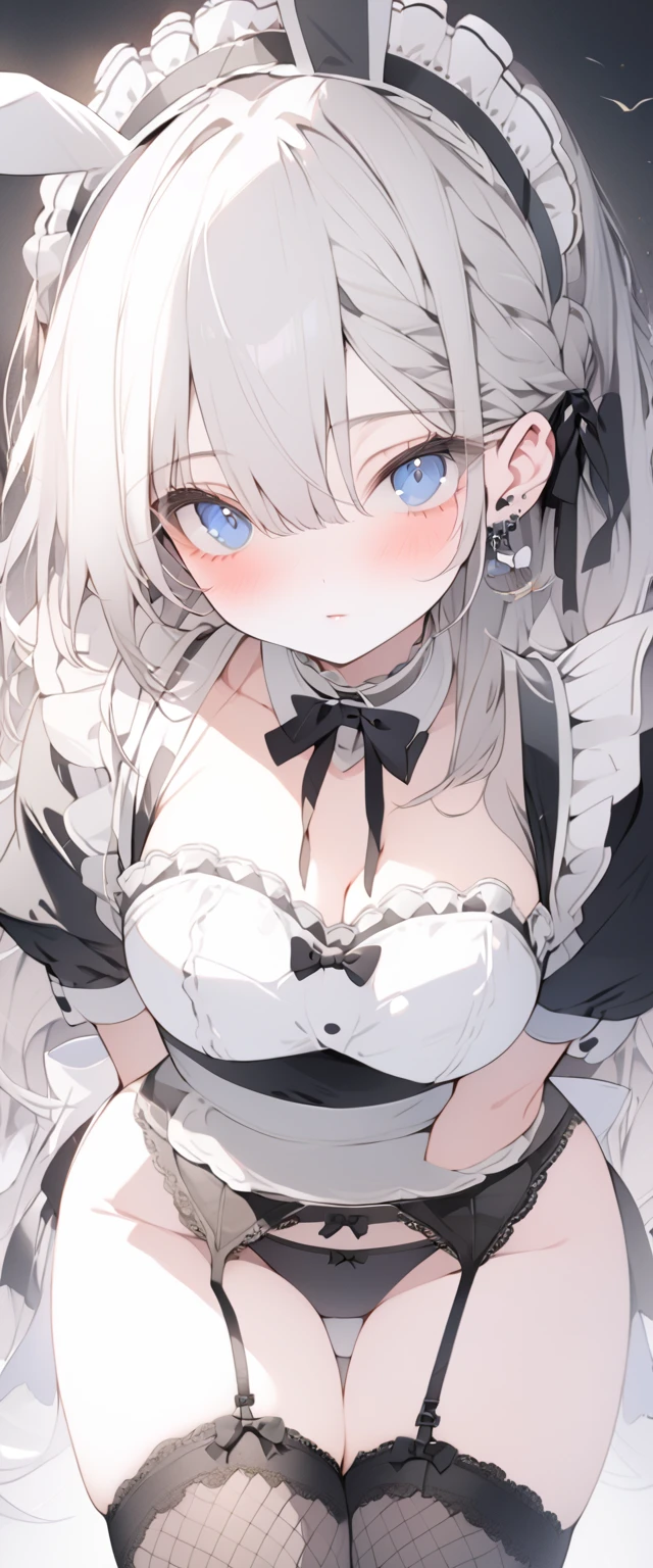 beautiful, masterpiece, Highest quality, anime, One girl, C Cup,Portrait Shot, View your viewers, Covered、Long Hair、nearby、Blue Eyes、art、、White hair,black streaked hair, dark atmosphere、Thighs、Braid、Bunny Maid、garter belt、Fishnet tights