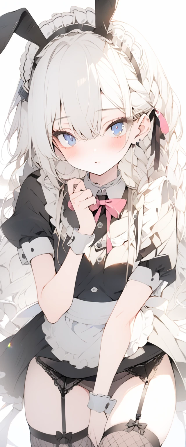 beautiful, masterpiece, Highest quality, anime, One girl, C Cup,Portrait Shot, View your viewers, Covered、Long Hair、nearby、Blue Eyes、art、、White hair,black streaked hair, dark atmosphere、Thighs、Braid、Bunny Maid、garter belt、Fishnet tights