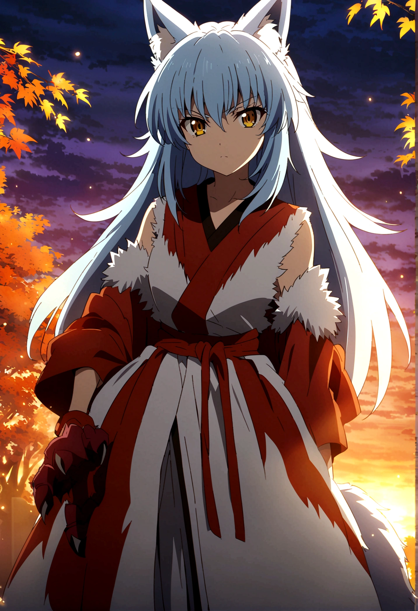 fox Light blue hair 　beast girl　indigo fur　fox beast girl　Sesshomaru, Yellow eyes, Anime, Perfect face, Perfect Lighting, Outdoors, Warm colors, Dark purple sky, Autumn sunset,  \(inuyasha\), Bearing Claw, Ready to fight