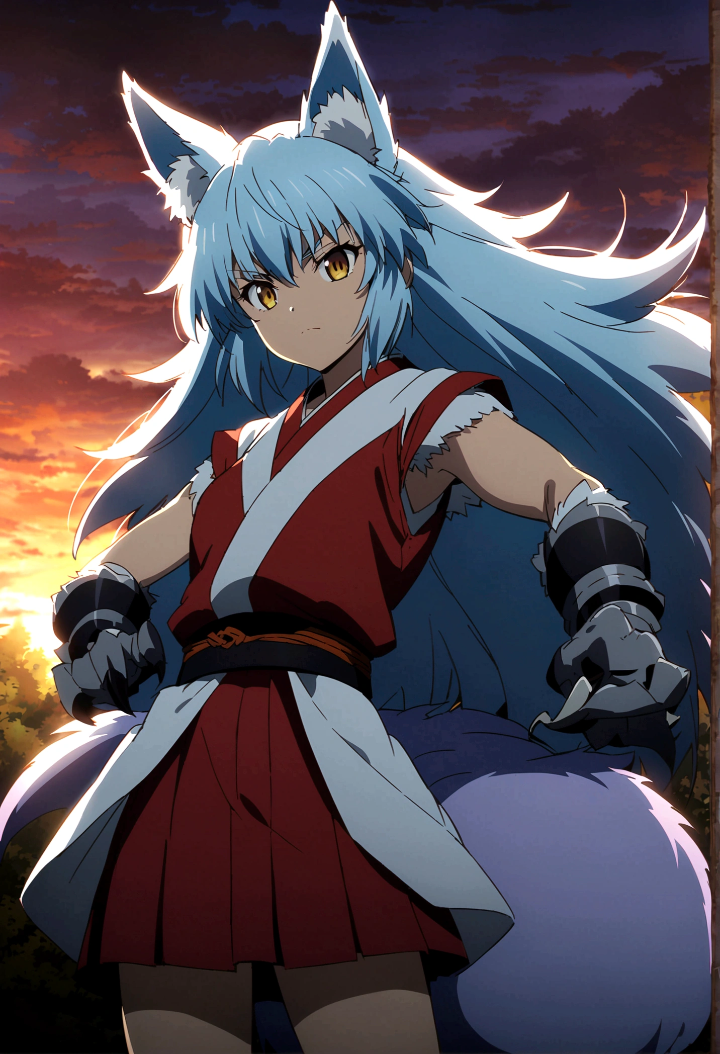fox Light blue hair 　beast girl　indigo fur　fox beast girl　Sesshomaru, Yellow eyes, Anime, Perfect face, Perfect Lighting, Outdoors, Warm colors, Dark purple sky, Autumn sunset,  \(inuyasha\), Bearing Claw, Ready to fight