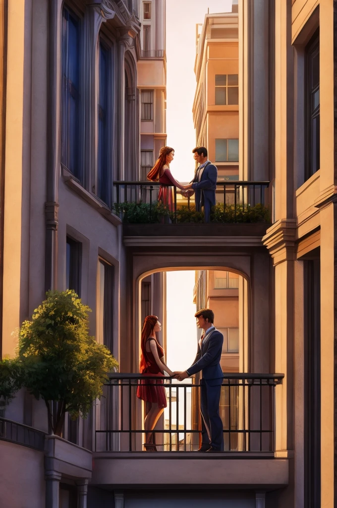 A building with a balcony window and a woman and a man holding hands