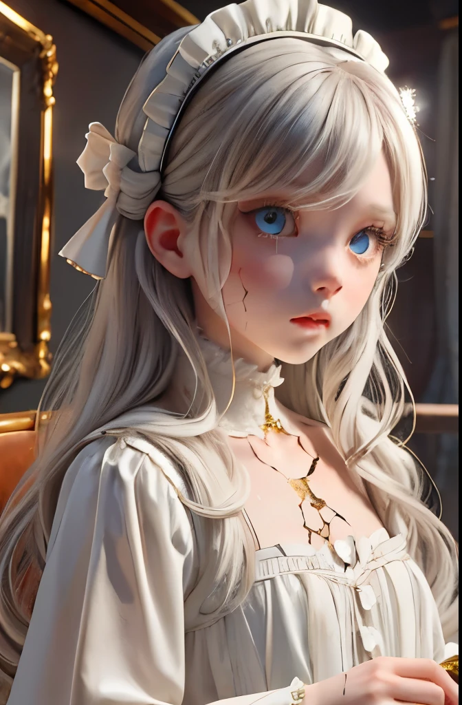 girl, blue eyes, long wavy white hair, french doll brown stained clothes, bonnet, cracked skin, cracks, haunted house, little, flat, cracked porcelain skin, cracked face, jewelery, playing the piano, flat chest