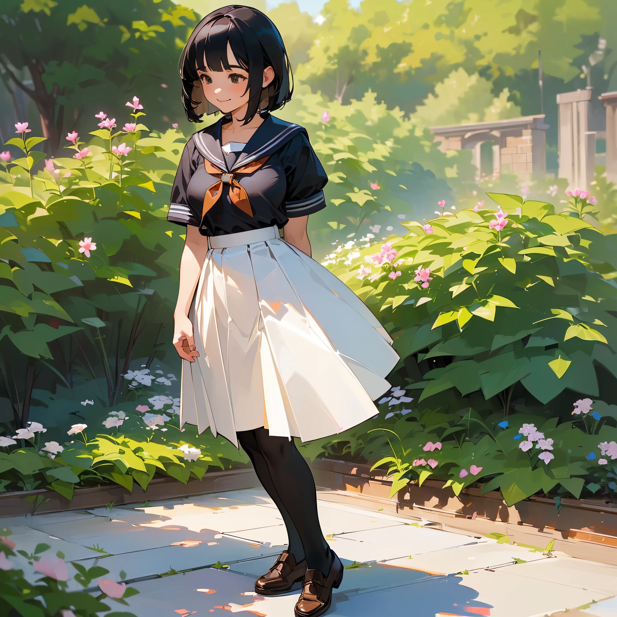 (Highest quality, High resolution, Super detailed, Realistic:1.37), Peaceful atmosphere, (Outdoor, garden), Teenage girl standing alone,(my breasts are big.),Beautifully detailed features, Cute Smile, ((Black bob hair)),Short-sleeved sailor uniform, Pleated skirt,Black tights,Brown leather shoes.