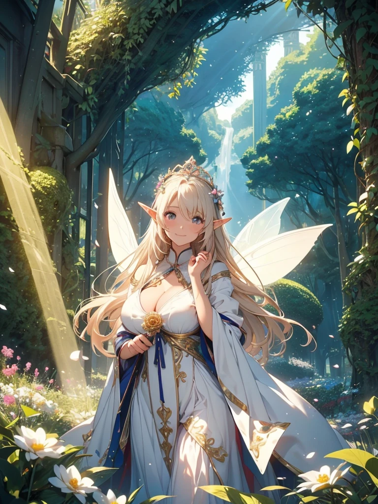 最high quality、1woman elf 、Beautiful foam、、CourtyardShining fairy wings、E.G: Worst quality ,Flower fractal art　　、see-throughbodystocking,Beautiful side shot, radiance,High-definition depiction, Realistic, 8K, Unity, beautiful Shot, light smile, Beautifully and vividly drawn, , Beautiful, beautiful, clear skin、sexly,beautiful dress,Countless rays of light pouring down, Swirling Light, big background, Raise one arm above your head, Intense light is emitted from the magic circle in front of the girl.   forest、Lots of leaves、Green leaves、flower、Particles of light、Bedroom at night、Magic Palace、Fairy tale、
Romanticism,Cowboy Shot: The most beautiful form of chaos, Mr..々Farbe, Intertwined flowers, Particle,magical gentle light,smile,sexly,image quality、masterpiece、Beautiful Face、Super beautiful elf woman((Big breasted 22 year old office lady、Bust 100,Beautiful long ironed hair 、bionde hair,height: 165cm。、sexly、Esbian、、high quality、、Visual art、Written boundary depth、、Elf Ears、、universe、Happy smile、Gentle light、Elf forest、elegant、ticker beautiful decorative、、magic、forest、beautiful tiara、Beautiful bed、Beautiful Landscape、A kind smile、wonderful、Fluttering petals、Dance happily、、Cultivate fantasy、、Mystery light　Lots of flowers、、art、forest, palace, art,mystery,Ultra-high resolution,atmosphere