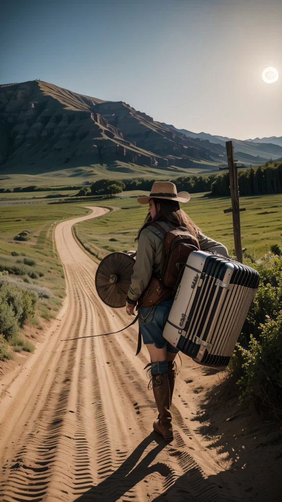old wagon raising dust in the backlands, people dancing around an accordion player