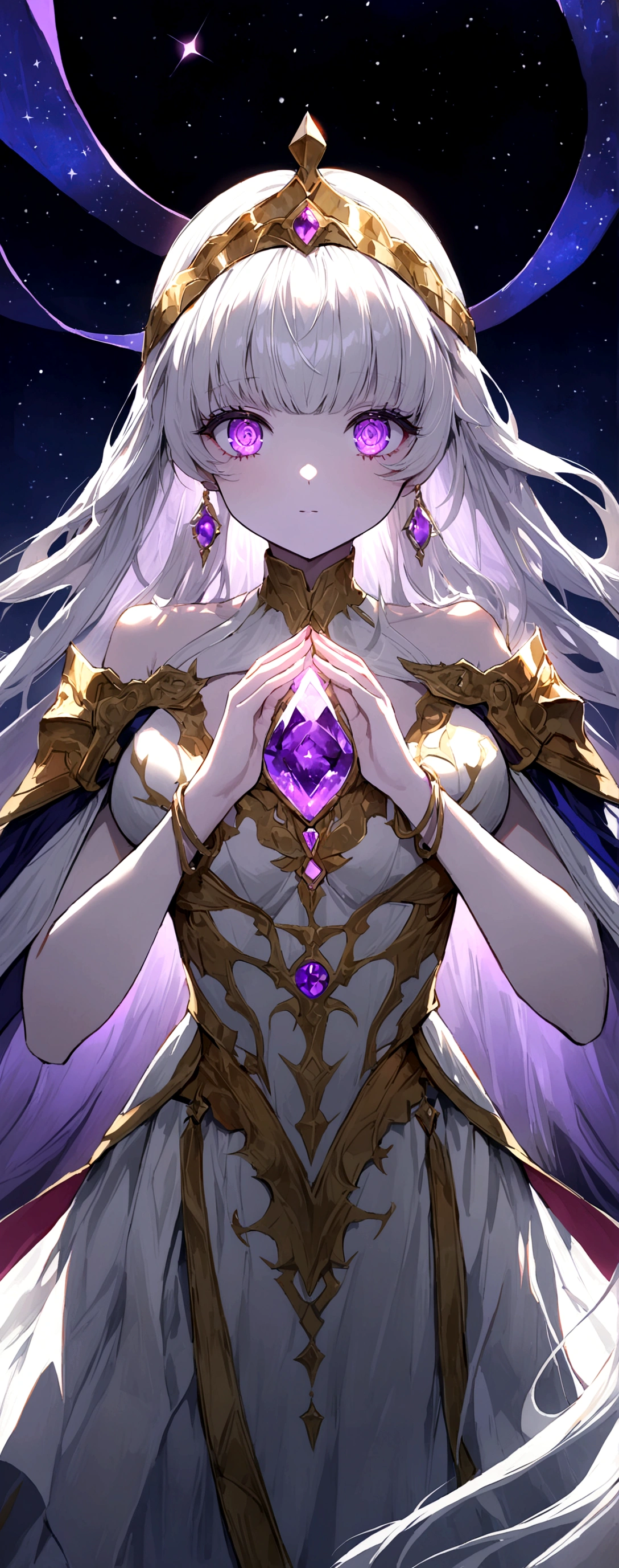 (((Obra maestra, La mejor calidad, ultrahigh resolution))), 1girl, standing, celestial dress, white and silver dress with constellation designs, long silver hair, flowing hair, pale skin, deep violet eyes with silver flecks, ((ultra detailed eyes, beautiful and detailed face, detailed eyes))), ((centered)), serene expression, ((wide shot)), facing viewer, eye level, (starry night sky background, nebulae in the background), diadem with amethyst, glowing softly, hands raised slightly, (ethereal glow around her), defined subject, 17 years old, celestial warrior, night sky theme