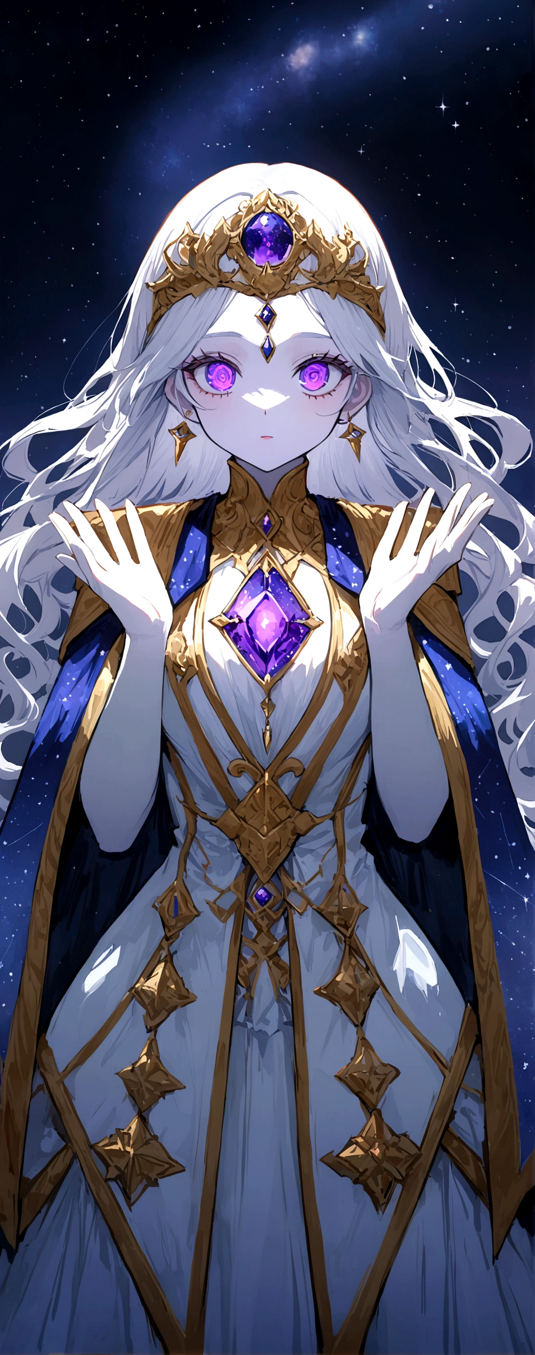(((Obra maestra, La mejor calidad, ultrahigh resolution))), 1girl, standing, celestial dress, white and silver dress with constellation designs, long silver hair, flowing hair, pale skin, deep violet eyes with silver flecks, ((ultra detailed eyes, beautiful and detailed face, detailed eyes))), ((centered)), serene expression, ((wide shot)), facing viewer, eye level, (starry night sky background, nebulae in the background), diadem with amethyst, glowing softly, hands raised slightly, (ethereal glow around her), defined subject, 17 years old, celestial warrior, night sky theme