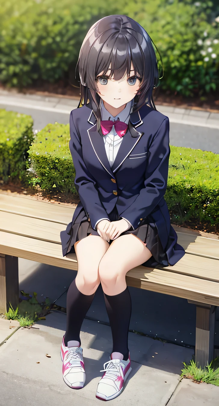 high quality, masterpiece, High resolution, (Head to Toe full body), front, frontComposition from slightly below, Symmetric, Tall 18 year old girl, alone, (Head to Toe), (Small breasts), Black Hair, bangs, (sneakers),(black tights) (Sit with your legs apart), (Crouching pose), (Sit on a bench with your legs spread), (M-shaped feet),、 Thin legs, Very beautiful tall 18 year old girl, (), smile, Looking into the camera, blazer uniform, Checkered Pleated Skirt
