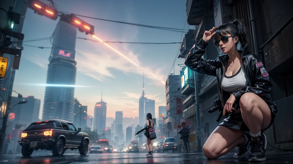 ８k, Realistic Skin Texture, Realistic Photo, Neo Tokyo, slim Japanese women, large-breast:1.3 cleavage, ＡＤ2050 at night, Dirty hunting jacket, Wearing shirt, miniskirt, (((micro black sunglasses, automatic rifle, sneakers, cold, shooting pose, low angle view))), Innovative composition, revenge, An old 1966 Ford Bronco that looks out of place in a city, cyberpunk, blade runner worldview, Large neon sign, Geisha hologram sign, Strong Wakamoto Sign.