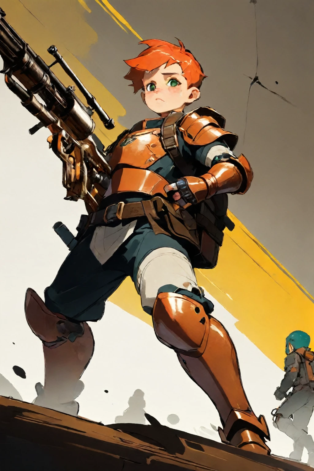 ((Highest quality masterpiece)) ((ultra detailed)), ((intricate details)), (8K) (cinematic lighting), A close up of a halfing with Sniper Rifle, 150cm height, copper colored hair, Green eyes, (optimistic look), (optimistic expression), (Dynamic Pose) official character art, character artwork, coriolios rpg art style, official character illustration, mechanical arms, mechanical speed boots, male protagonist, jc leyendecker and sachin teng, Cushart Kenz, ((character concept art)), mechanized soldier Boy, Cushart Krenz Male key art ((battlefield blur background))