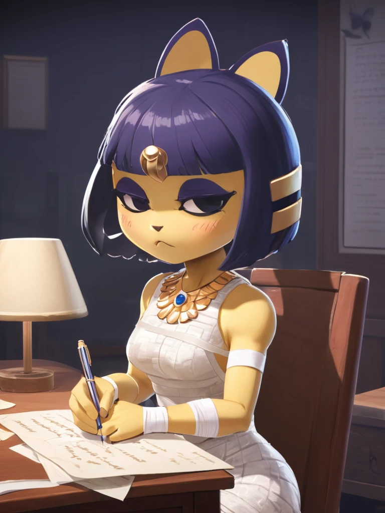 Eye, Animal Crossing Muscle, Strong, bandage, White Dress, Sit at your desk, She wrote a heartfelt letter, Her expression is both nostalgic and wistful, Dramatic Lighting, Detailed background, masterpiece, best quality, high quality, absurd, The award-winning, professional, Very detailed