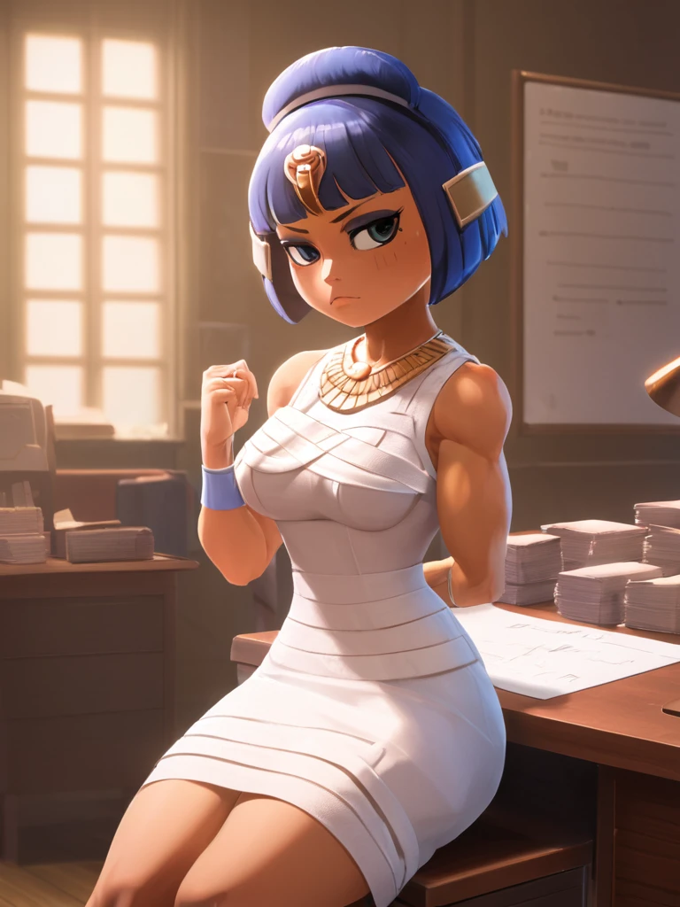 Eye, Animal Crossing Muscle, Strong, bandage, White Dress, Sit at your desk, She wrote a heartfelt letter, Her expression is both nostalgic and wistful, Dramatic Lighting, Detailed background, masterpiece, best quality, high quality, absurd, The award-winning, professional, Very detailed