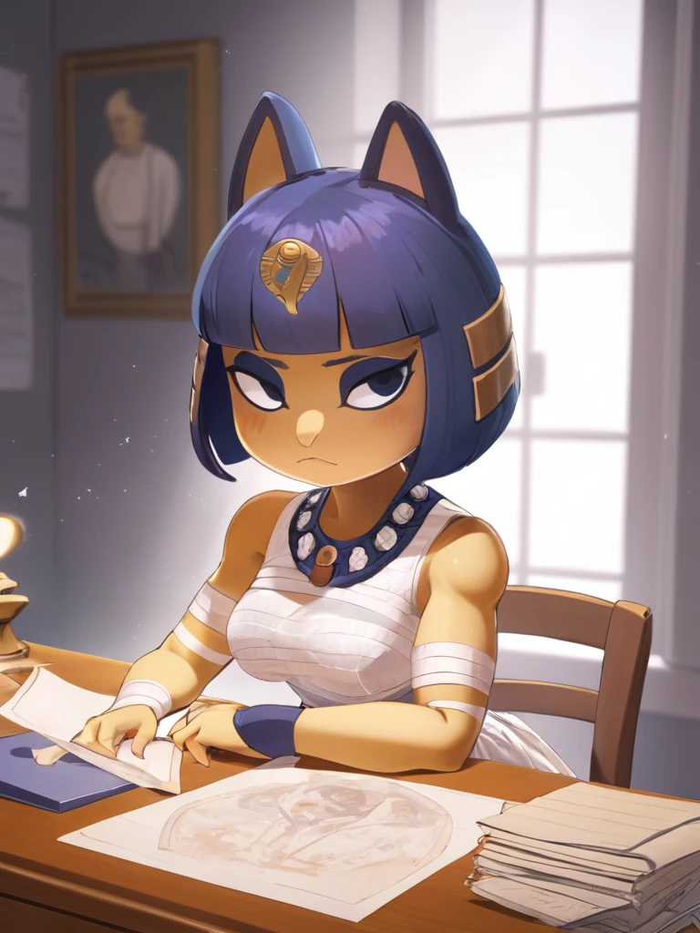 Eye, Animal Crossing Muscle, Strong, bandage, White Dress, Sit at your desk, She wrote a heartfelt letter, Her expression is both nostalgic and wistful, Dramatic Lighting, Detailed background, masterpiece, best quality, high quality, absurd, The award-winning, professional, Very detailed