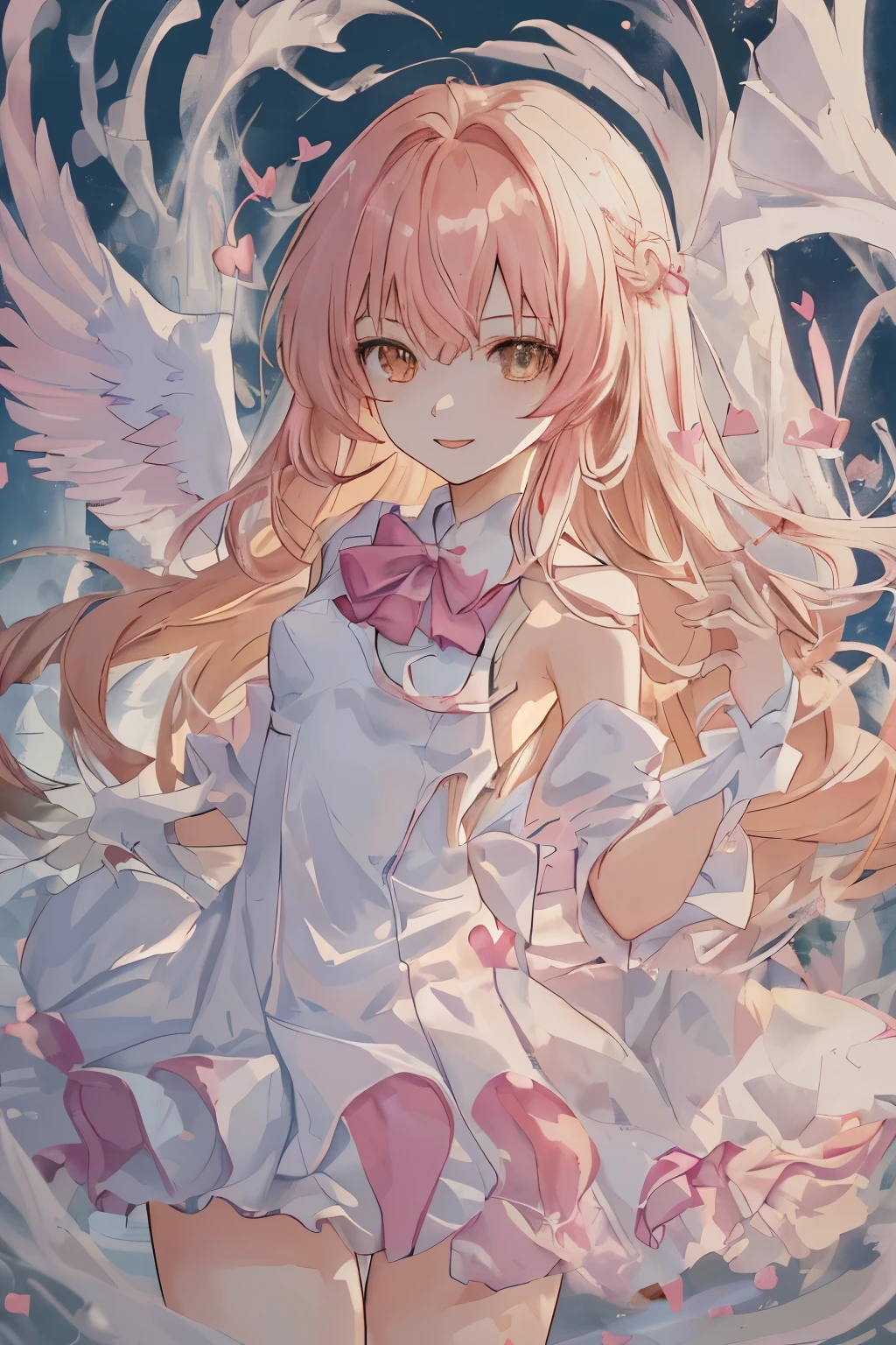 1_girl, (anime, kawai:2), (masterpeice, best_quality, simple, cute, dreamy, vibrant, clean:1.5), (cute, cute_smile, young:1.8), (delicate, beautiful, thin:1.5), (girlfriend, angel:1.6), (green_eyes, simple_eyes:1.5) (long_hair, blond_hair, wearing_pink_dress, pink_angel_wings, sexy_gloves:1.5), extremely_delicate, (love_magic:1.5), (age_size_fits_body), (small_thighs:1.3), (breasts), (eye_level:1.3), (heart_magic, love:1.5),