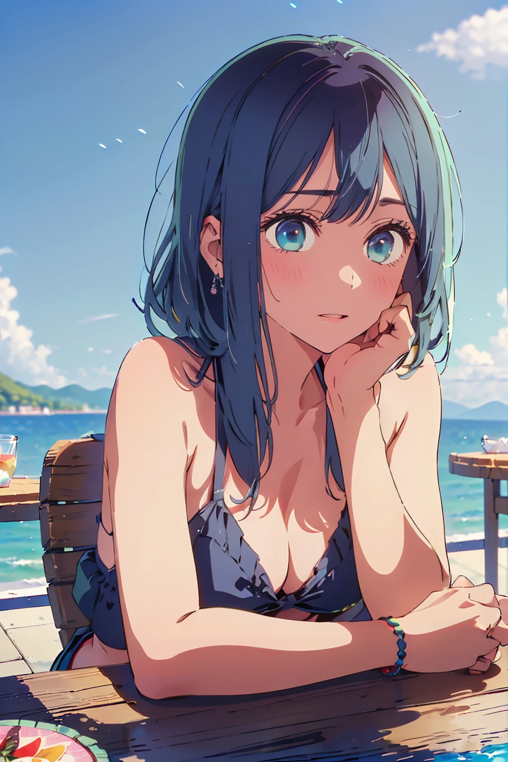 (Highest quality:1.4、masterpiece:1.4、Super detailed:1.4、8K:1.4)、F cup bust、Big Breasts、Slim body、((((1 person、Surprised expression、sit、Chair、In the background are the urban buildings of Tokyo、looking at the camera、Outdoor café terrace、coastal、Navy hair color、juice、Shooting up close、table、Very cute face))))、(Pose of putting hair behind ears with hands:1.4、Cheek resting on hand:1.4)、((nude、Areola、bikini size too small))、Very blue sky、A completely cloudless sky、Big eyes、((((Shallow depth of field))))