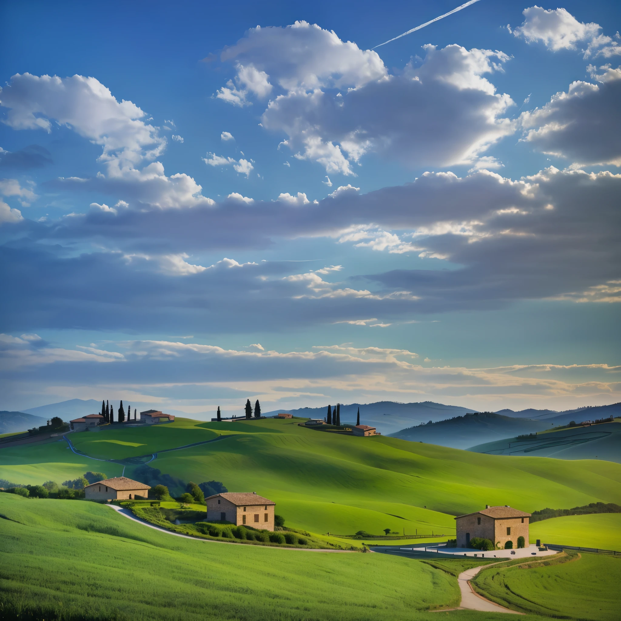 There is a small house in the middle of a green field, Stunning scenery, Tuscan hills, Tranquil scenery, Stunning scenery, a Beautiful scenery, Beautiful scenery, Landscape, Stunning scenery, Landscape - Scenery, Fantastic scenery, Rural landscape, Beautiful oil painting, Stunning scenery in background, very 非常非常Beautiful scenery, Dreamy Landscape, Realistic scenery, 非常非常Beautiful scenery