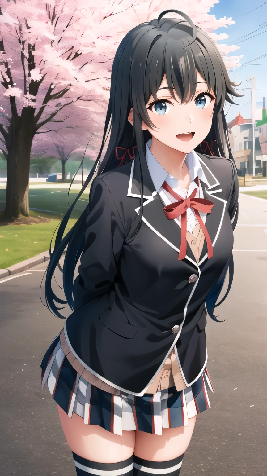 masterpiece, best quality, highres, aayukino, long hair, ahoge, hair ribbon, , neck ribbon, collared shirt, blazer, black jacket, long sleeves, plaid skirt, black thighhighs, standing, cowboy shot, leaning forward, arms behind back, smile, open mouth, outdoors, cherry blossoms,