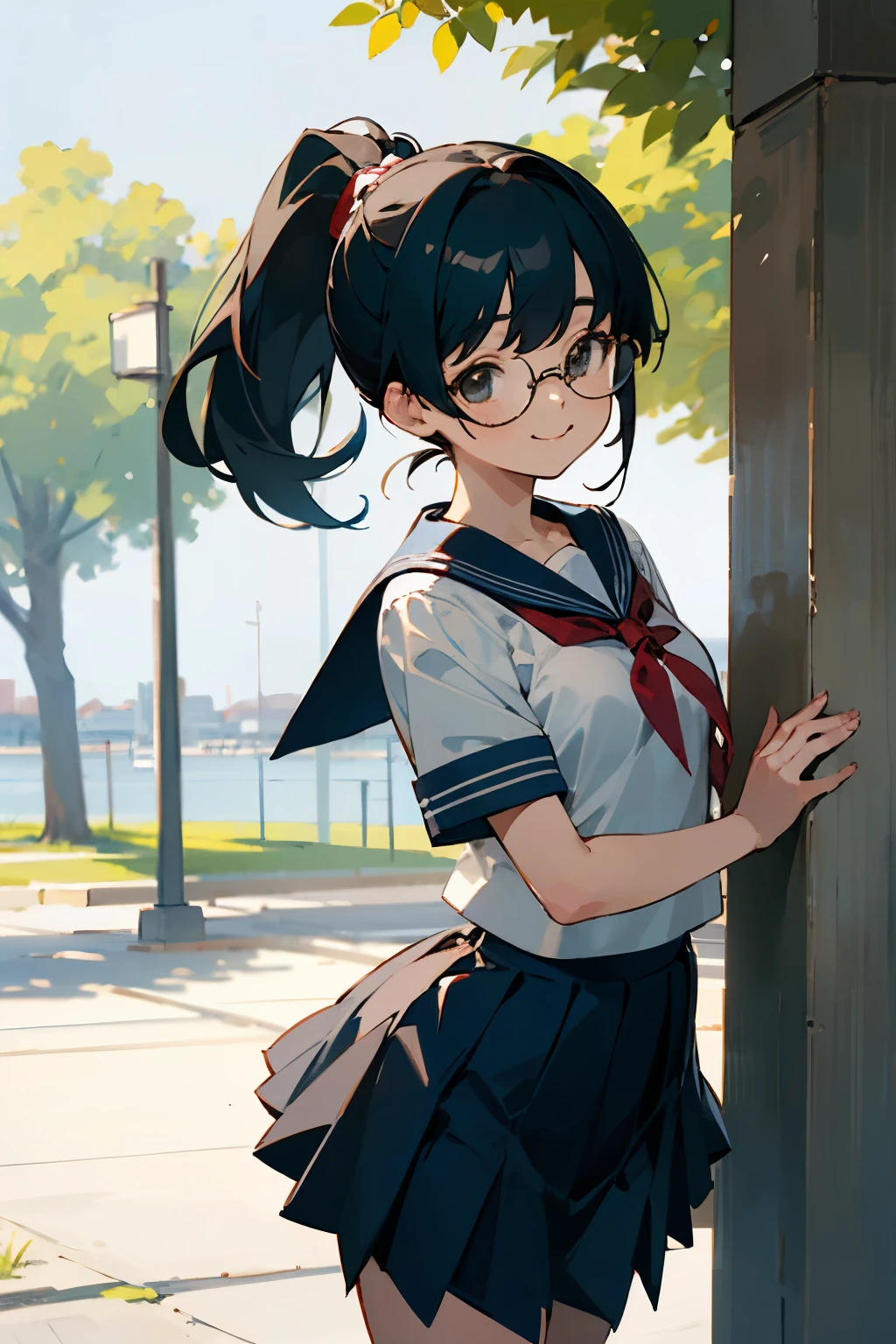 In the best quality、Teenage girl standing outdoors。In high resolution、Beautiful details、Quiet atmosphere。Black hair ponytail、Glasses、Cute Smile.。Small breasts、Short-sleeved sailor uniform、Pleated skirt。