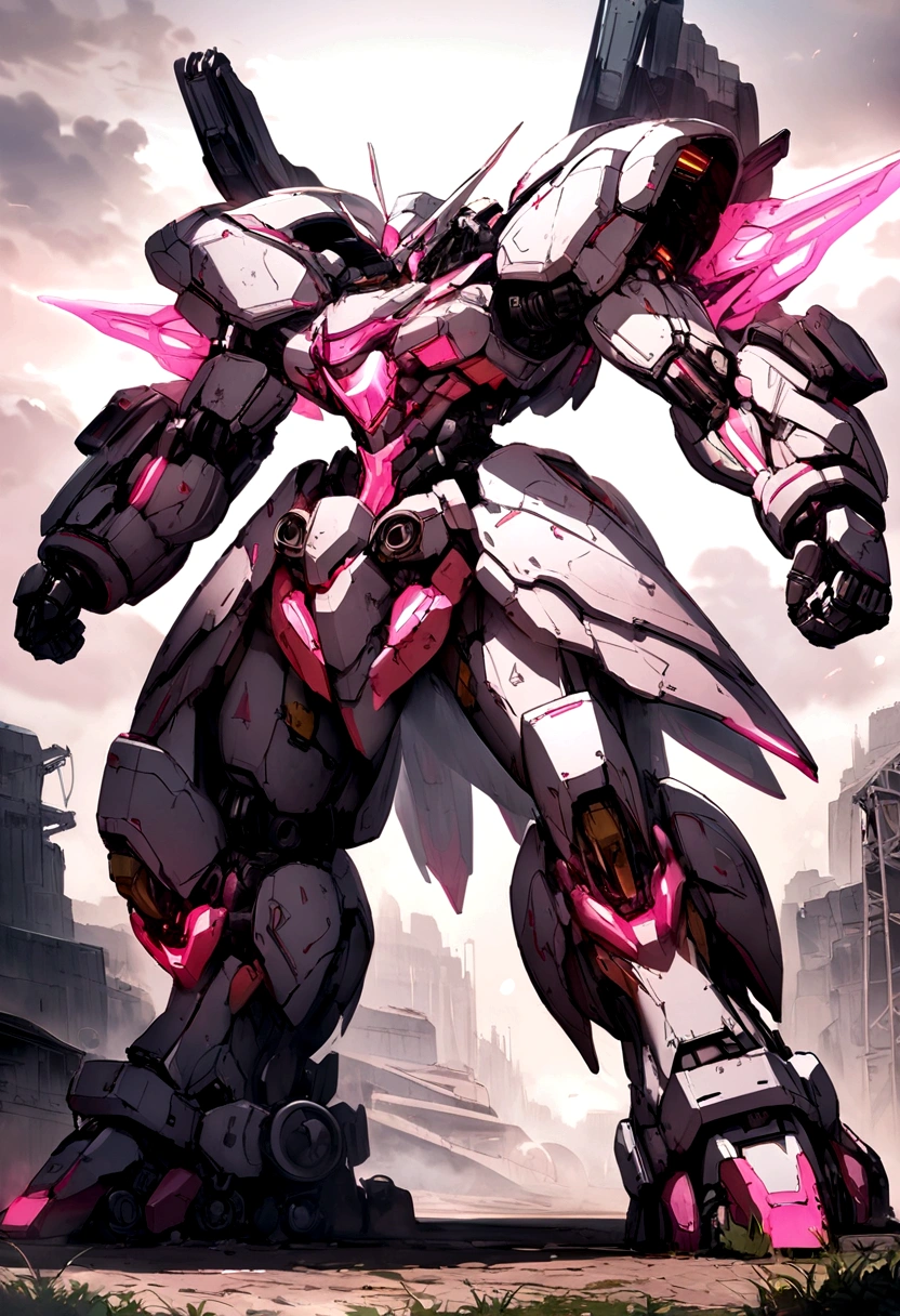 Giant mech that is polish no damage a mix of color pink white black 