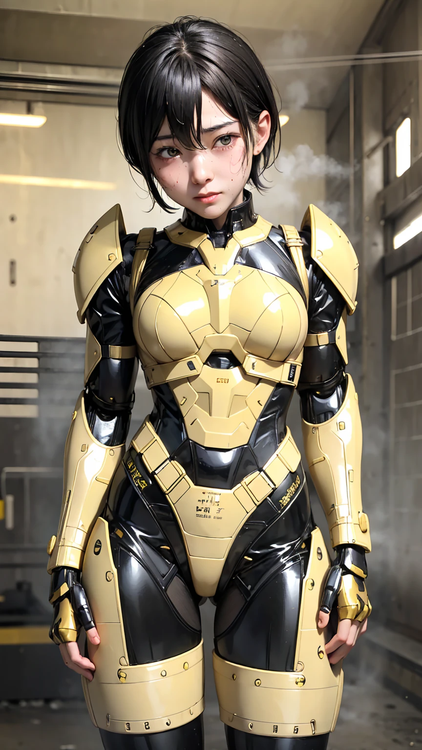 Highest quality　8k yellow metal armor　Robot Suit Girl　Kindergarten girl　Sweaty face　cute　short hair　boyish　Steam coming from the head　My hair is wet with sweat　Black Hair　Steam from the whole body　　Full body portrait　My upper body is soaked　After club activities　