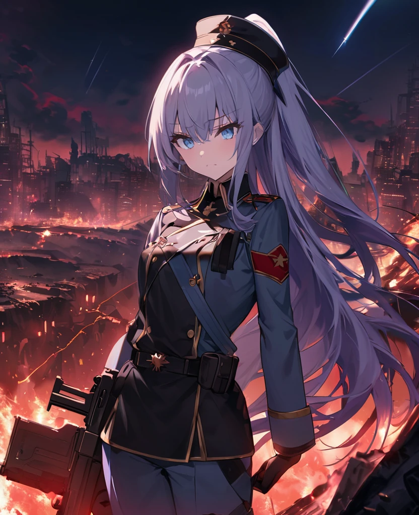 Facing forward　girl　Military uniforms with a white base and some black　Spectacular Background　A shooting star is falling　Beautiful night view　　　She is on the right　On the left you can see the destroyed city.　He has a gun　　　服にはplaneが描かれています　背景の上部にはFighterが飛んでいます　Red Moon　blue eyes　　There is one person　Purple long hair　wearing a military cap　war　I'm wearing pants　Precision　masterpiece　girlにクローズアップ　girlを正面から見ています　ponytail　long hair　soldier　battlefield　{超Precision} Satanic　She's angry　But I&#39;m angry　Hanging eyes　Anime Style　 {war} {Gunfight} {Fighterの擬人化} Fighter　tank　Battleship　plane　Thunder Day　Mechanical Man　宇宙Battleshipヤマトの武装をつけています　A dignified expression　F-16Fighterの翼を背中につけています　tankがいます　Clolinde　Genshin Impact