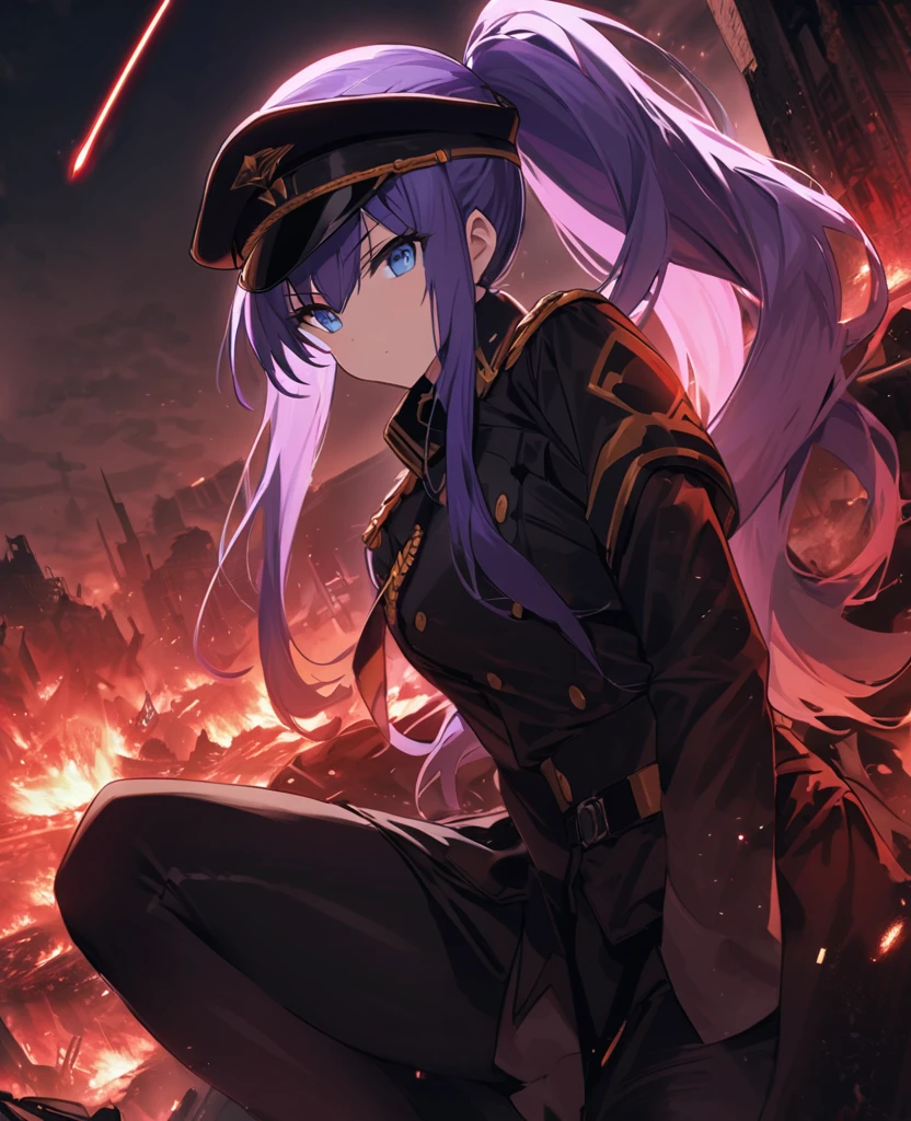 Facing forward　girl　Military uniforms with a white base and some black　Spectacular Background　A shooting star is falling　Beautiful night view　　　She is on the right　On the left you can see the destroyed city.　He has a gun　　　服にはplaneが描かれています　背景の上部にはFighterが飛んでいます　Red Moon　blue eyes　　There is one person　Purple long hair　wearing a military cap　war　I'm wearing pants　Precision　masterpiece　girlにクローズアップ　girlを正面から見ています　ponytail　long hair　soldier　battlefield　{超Precision} Satanic　She's angry　But I&#39;m angry　Hanging eyes　Anime Style　 {war} {Gunfight} {Fighterの擬人化} Fighter　tank　Battleship　plane　Thunder Day　Mechanical Man　宇宙Battleshipヤマトの武装をつけています　A dignified expression　F-16Fighterの翼を背中につけています　tankがいます　C****nde　Genshin Impact