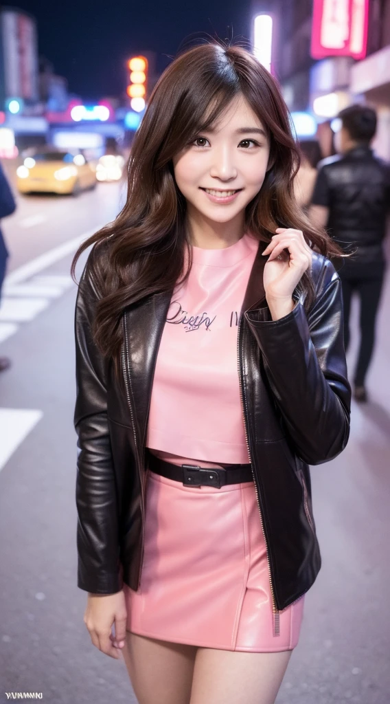 (((Yumikanok))),((Best quality, 8k, Masterpiece :1.3)), 1girl, smiling, full body, slim face, Pretty woman, (Dark brown hair), Leather pink suit,pink short tight skirt, Ultra-detailed face, Detailed eyes, Double eyelid,  bokeh background, slim face, night city, neon light,outside, tokyo street,japan