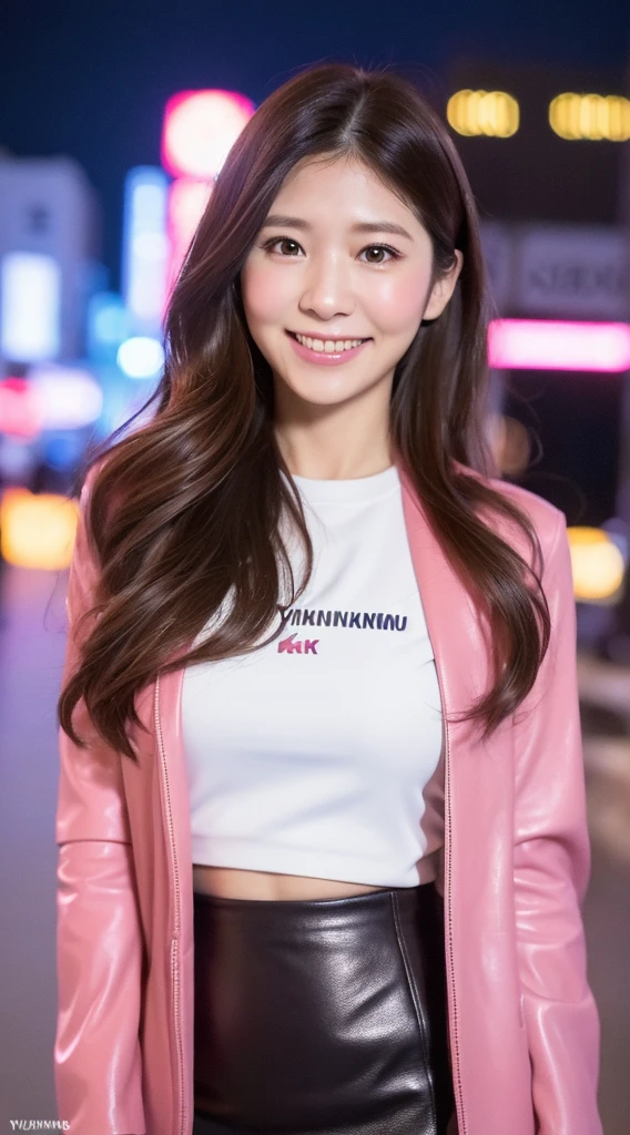 (((Yumikanok))),((Best quality, 8k, Masterpiece :1.3)), 1girl, smiling, full body, slim face, Pretty woman, (Dark brown hair), Leather pink suit,pink short tight skirt, Ultra-detailed face, Detailed eyes, Double eyelid,  bokeh background, slim face, night city, neon light,outside, tokyo street,japan