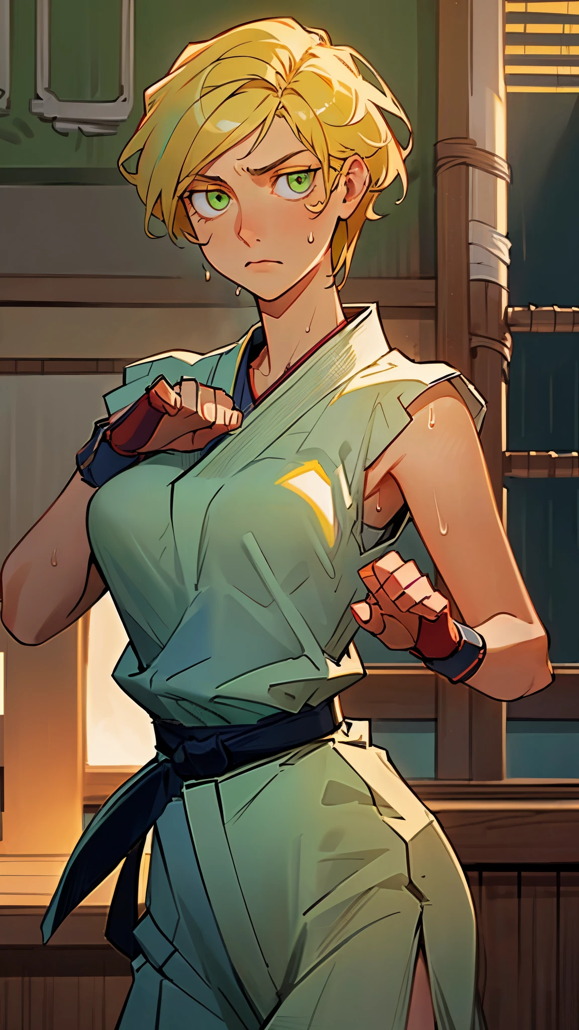 ((((masterpiece, best quality, high resolution)))), Extremely detailed 8K, 1 female, wearing a white Karate gi, (Ultra HD, Ultra-detailed, Highly detailed, Highly realistic, Ultra-realistic, photograph realistic), (1girl:1.5), (Realistic yellow hair), (dynamic poses), facing at camera, looking at viewer, (slightly serious face), (green eyes, sharp eyes), (perky breasts:1.2), (beautiful detailed face, beautiful detailed eyes), ((worn out karate gi)), (preparing for a fight), sweat, glow, (sunbeam, sunlight), ((cowboy shot)), inside a training gym, seductive, EnvyBetterHands LoCon,