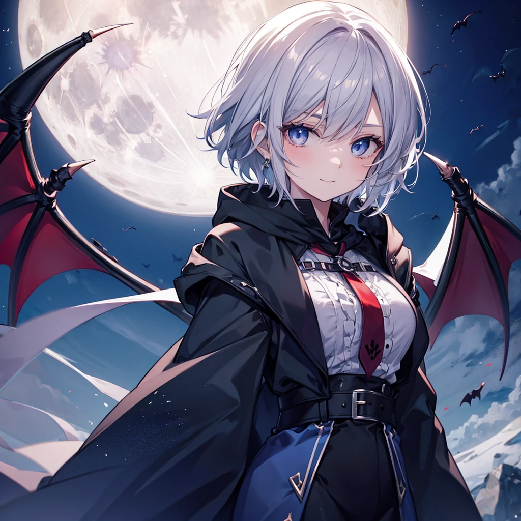 ((((vampire inflammation)))) (((Gray Hair short hair blue eyes woman Center close-up))),((night full moon My own big wings Town)),(Wearing a hood Black camisole Purple light Wearing a cloak), Creepy Smile Showing teeth Shining Background Shining Edges