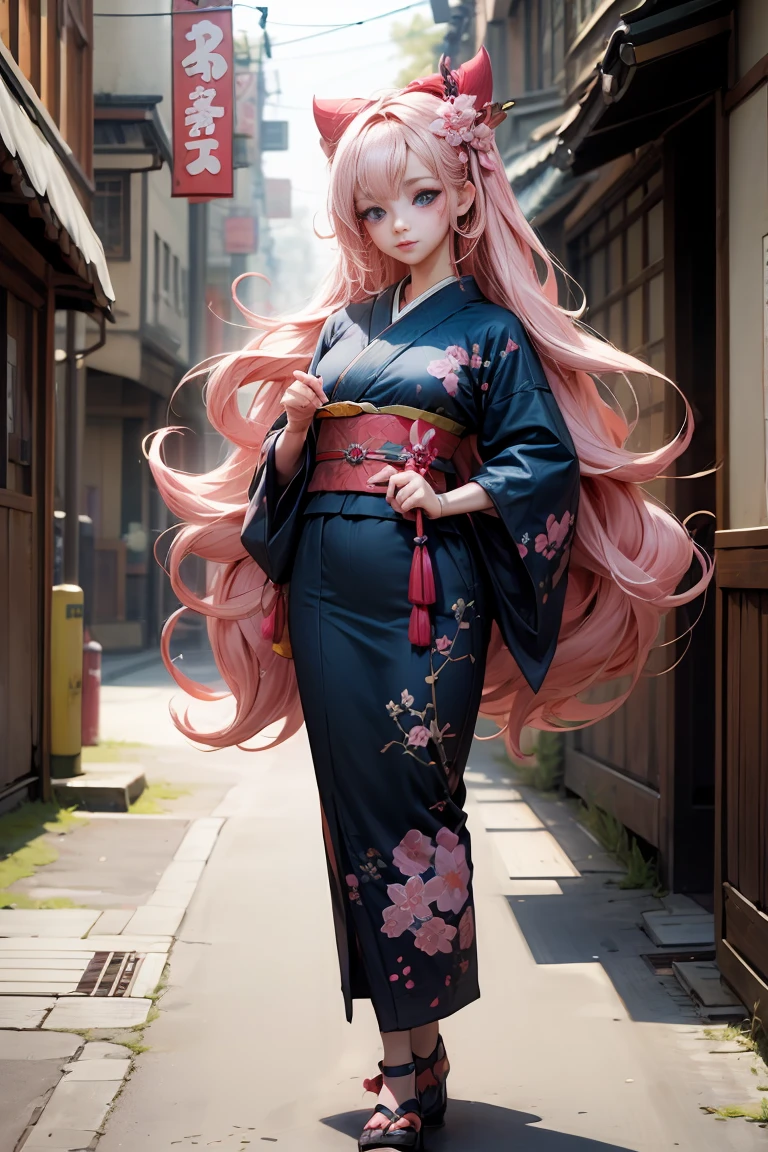 whole body,Complete plan,sfw,The Russian goddess princess in the form of a geisha with big bright blue eyes and long fluffy eyelashes of the Nordic type with a perfect elegant figure and very long fluffy wavy hair of bright wheat color is in full growth in the alley with the Japanese background Pink Sakura blooms on a bright navy blue kimono and Japanese shoes that turn bright navy blue, girl&#39;The lace kimono has an intricate design with ultra-short frank cuts......, Through the fabric you can see small breasts with protuberances and on the girl&#39;s ears are beautiful earrings with beautiful navy blue sapphires that shine and shine in the light..... The ground on which the girl stands is strewn with cherry blossoms......, The scene is very artistic.., high resolution, sharp focus, Midday art style-V5., hyperphotorealism, perfect proportions, Photo of the golden ratio.., walking stick, contour, sunlight, soft shine, soft focus, Photography-style soft focus through a Monocle lens.