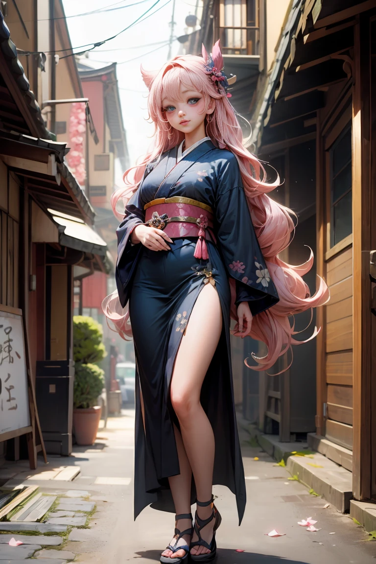 whole body,Complete plan,sfw,The Russian goddess princess in the form of a geisha with big bright blue eyes and long fluffy eyelashes of the Nordic type with a perfect elegant figure and very long fluffy wavy hair of bright wheat color is in full growth in the alley with the Japanese background Pink Sakura blooms on a bright navy blue kimono and Japanese shoes that turn bright navy blue, girl&#39;The lace kimono has an intricate design with ultra-short frank cuts......, Through the fabric you can see small breasts with protuberances and on the girl&#39;s ears are beautiful earrings with beautiful navy blue sapphires that shine and shine in the light..... The ground on which the girl stands is strewn with cherry blossoms......, The scene is very artistic.., high resolution, sharp focus, Midday art style-V5., hyperphotorealism, perfect proportions, Photo of the golden ratio.., walking stick, contour, sunlight, soft shine, soft focus, Photography-style soft focus through a Monocle lens.