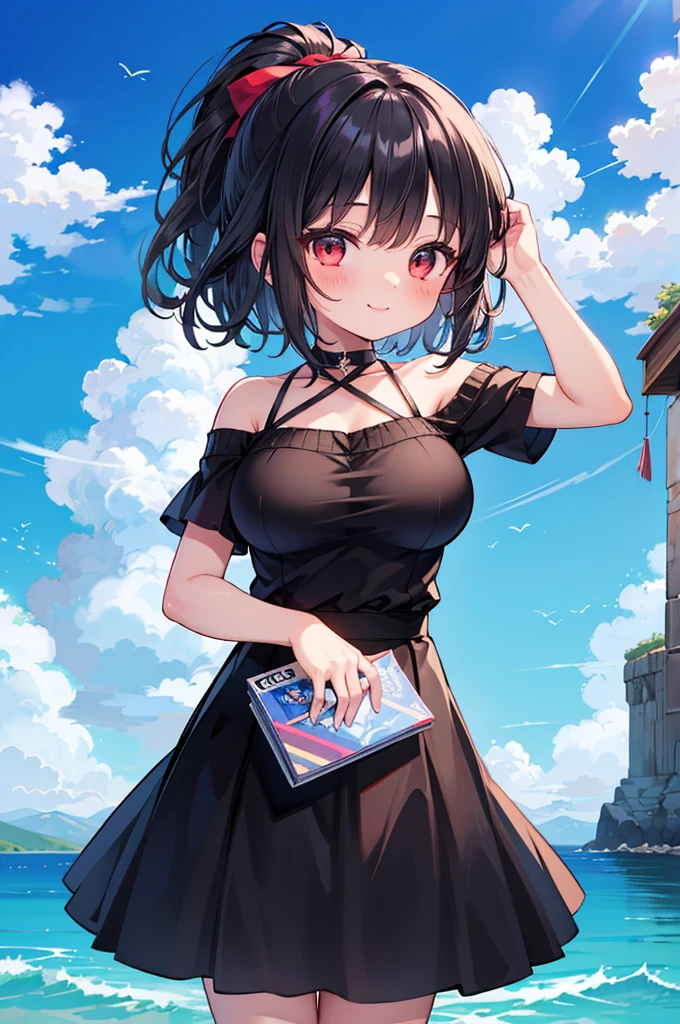Fantasy,((Masterpiece)),((high resolution)),((Best Quality)),Anime illustration,((1girl)),(wavy hair),(short hair),(black hair color),small ponytail,Red eyes,(Big round eyes),((tareme)),((child)),,((baby face)),((very big breasts)),Short stature,Young,((loli)),,,Off-shoulder sweater,long maxi-skirt,smile,Ladylike,blue sky,