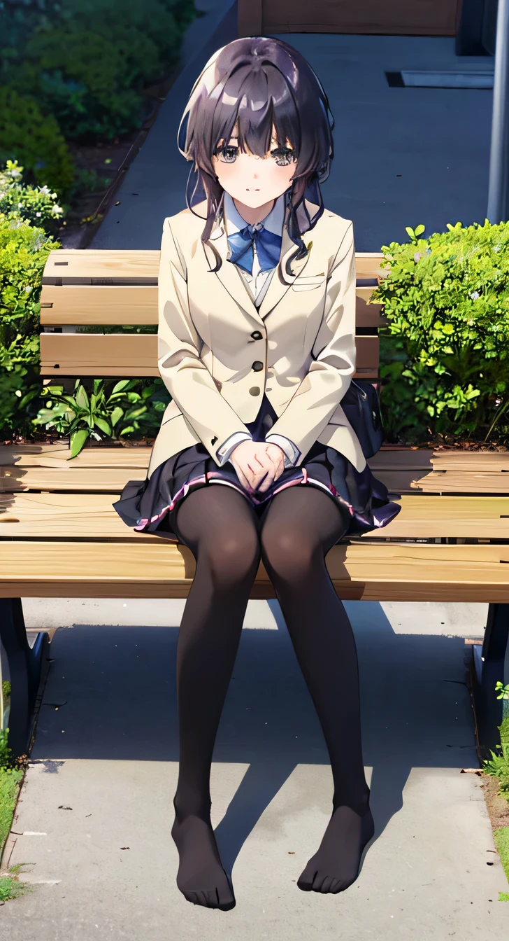 high quality, masterpiece, High resolution, (Head to Toe full body), front, frontComposition from slightly below, Symmetric, Tall 18 year old girl, alone, (Head to Toe), (Small breasts), Black Hair, bangs, (black tights), (Black Pantyhose), (Sit with your legs apart), (Crouching pose), ( (Sit on a bench with your legs spread), (M-shaped feet), Thin legs, Very beautiful tall 18 year old girl, (No shoes), smile、 Looking into the camera, blazer uniform, Checkered Pleated Skirt