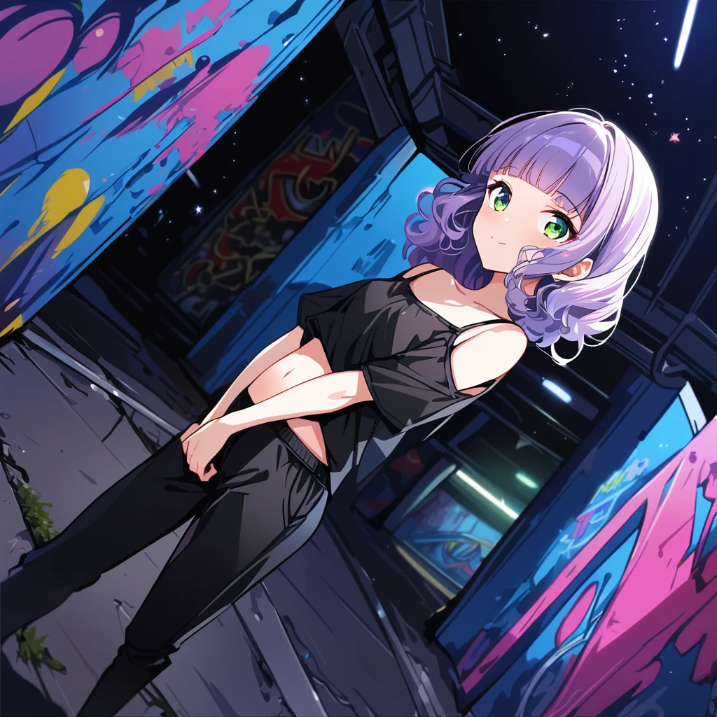 a masterpiece, beautiful eyes, a beautiful face, beautiful depiction, details, solid blue Skyscrapers background, ultra detailed, 8K, 1950's girl, pale-purple hair, a dynamic angle, wavy hair blowing in the wind, blunt bangs hair, black and green eyes,small breast, A black tank top showing her slim belly, black drawstring pants, black ballet shoes, full body shot, A starry sky, a gentle smile, Graffiti art, dimly lit underpass, light coming from behind her, look at viewer, pale colors,