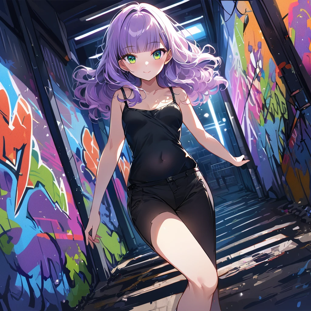 a masterpiece, beautiful eyes, a beautiful face, beautiful depiction, details, solid blue Skyscrapers background, ultra detailed, 8K, 1950's girl, pale-purple hair, a dynamic angle, wavy hair blowing in the wind, blunt bangs hair, black and green eyes,small breast, A black tank top showing her slim belly, black drawstring pants, black ballet shoes, full body shot, A starry sky, a gentle smile, Graffiti art, dimly lit underpass, light coming from behind her, look at viewer, pale colors,