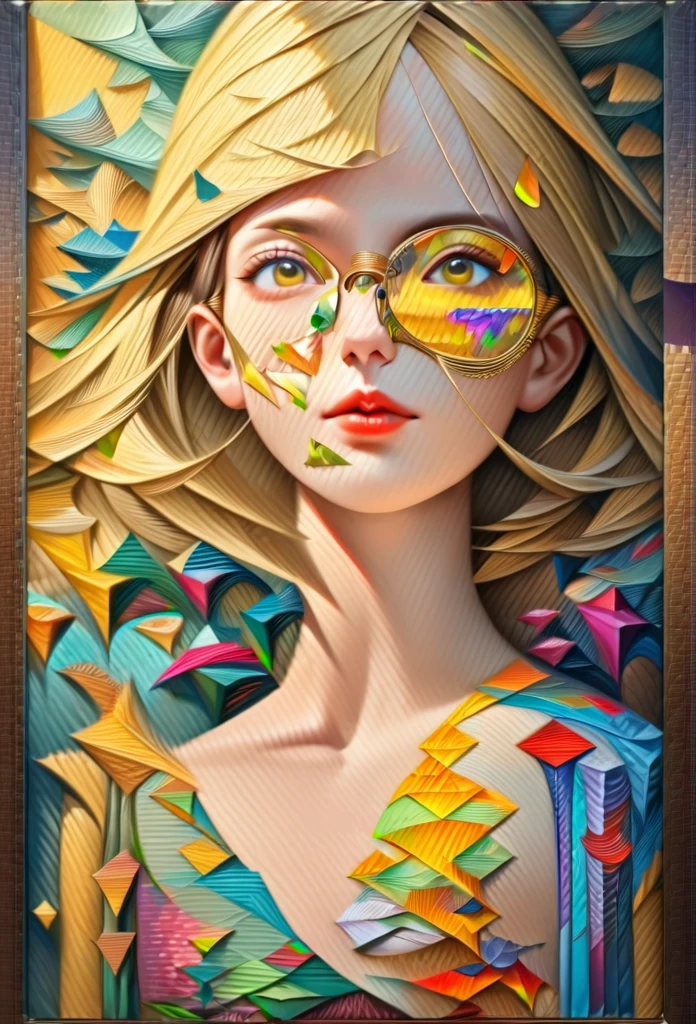 (((yellow glasses:1.3))), headphone, short hair, blunt bangs,Please turn the provided image into a painting keeping the same agape face features and realistic likeness and with the following characteristics: Art Style: Flowing Picasso style. Colors: Vibrant and dynamic, using bold and contrasting colors like the photo Details: Emphasize abstract shapes and flowing lines to capture the essence of her features. Mood: Artistic and expressive, with a surreal and imaginative touch. Background: Complementary to the Picasso style, potentially with abstract elements or patterns. Note: The final image should creatively reinterpret her likeness in a way that feels both unique and artistic, reminiscent of Picasso's distinctive and abstract painting style. ((Create), (top quality, masterpiece, outstanding work of art), (one young girl - 18 years old, nude, full growth, white hair, white skin, scarlet lips-smile; black, expressive playful eyes, long eyelashes), (black translucent - chiffon dress, gold line, very short peignoir dress), (very sexy body, seductive body, small beautiful breasts, genitals), (calm relaxed pose, hair fluttering in the wind, half turn, look at the viewer, stylish girl model)). ((Quality oil painting, outstanding craftsmanship, oil painting done by the hand of a master), (daylight, soft warm shadows, contrasting cold light, reflexes, refraction, tracing)). ((background - stunning blooming irises; (purple, yellow, blue, white), (petals, shoots)).((Highest quality workmanship, realism, oil painting, modern brushwork, master's hand, clear correct anatomy, grace, simplicity performance), (HD quality, clear focus))