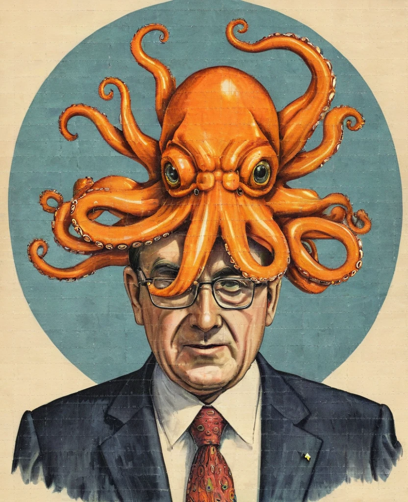 A politician with the head of an orange octopus 