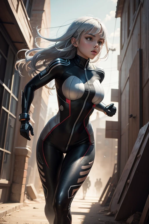 (masterpiece:1.1), (best quality:1.1), (extremely detailed CG unity 8k wallpaper), (best illustration), (best shadow), (absurdres:1.1), realistic lighting, beautiful detailed glow, a girl, wearing tight jumpsuit, silver hair, special effect's heroine, running a way from enemies