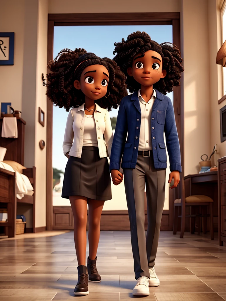 Black woman doctor with big curly hair holding hands with brunette man with black hair