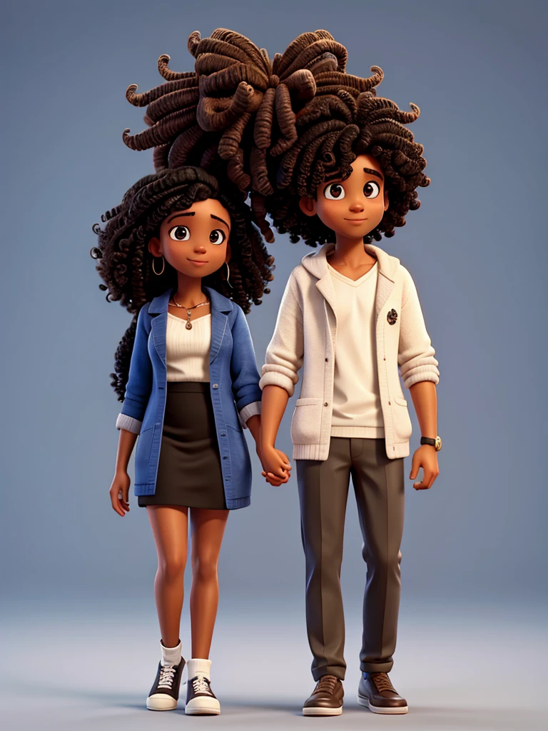 Black woman doctor with big curly hair holding hands with brunette man with black hair
