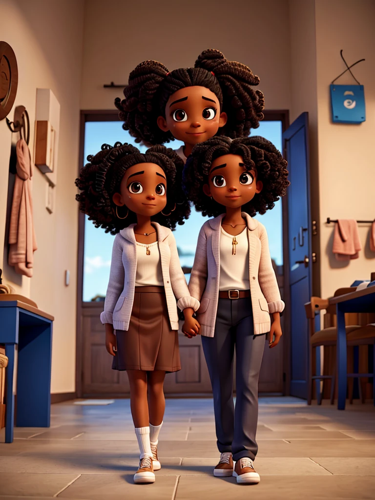 Black woman doctor with big curly hair holding hands with brunette man with black hair 