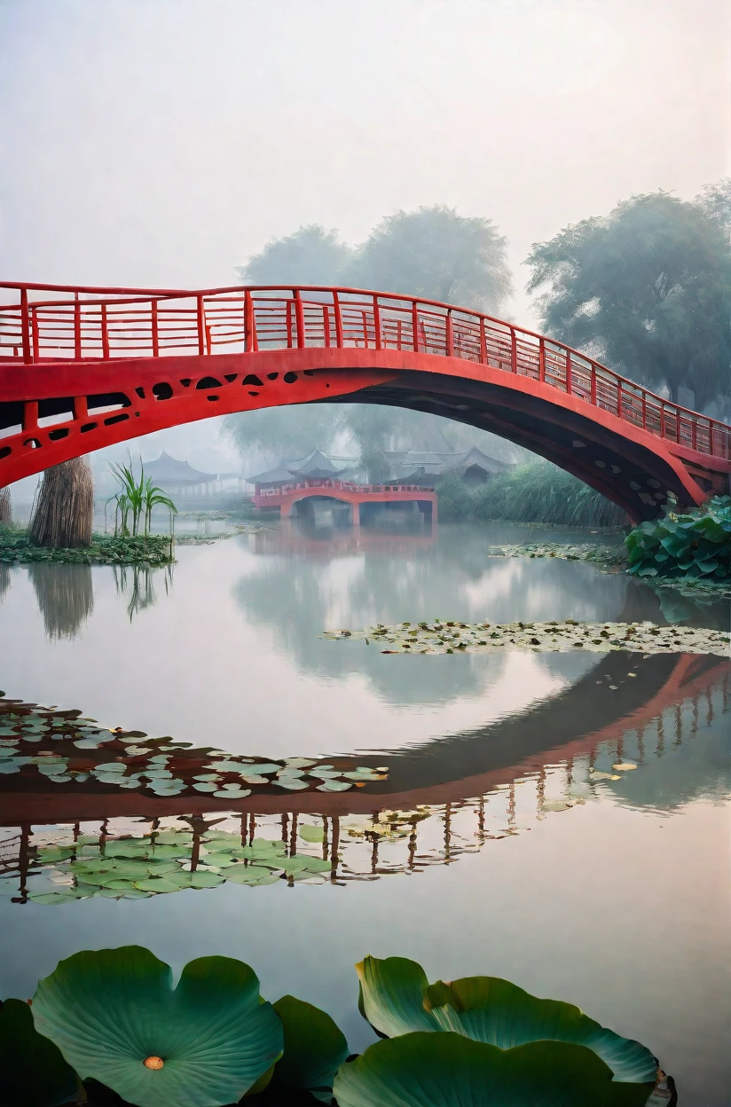 bridge red bridge Chinese architecture, seven-hole bridge, Jiangnan village in the distance, minimalist photography Chinese architecture, early morning, lotus pond, lotus leaf pond, mist, 8,000, high resolution, National Geographic works, original photos, international gold award photos