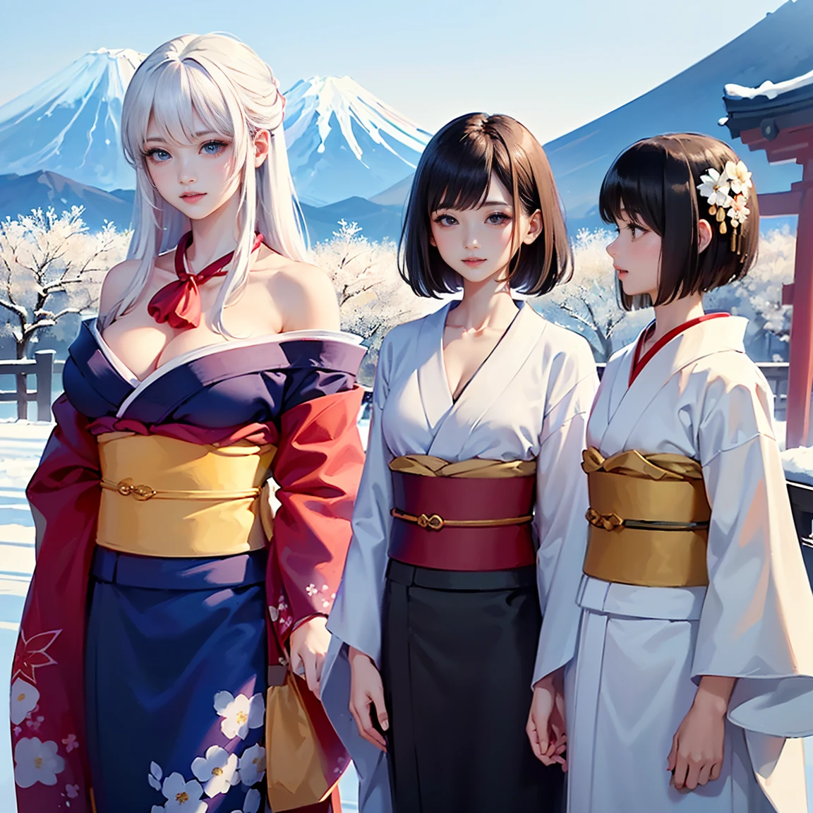best quality, masterpiece,
Three Japanese high-school short girls with cute style,
looking straight ahead and striking a gutsy pose are standing (separately:1.4), side by side,
wearing a striking(yellow, red, blue, green) kimono with a flower motif,
(A kimono with floral patterns, particularly on the shoulders and chest:1.7)
(A kimono that completely conceals the chest and shoulders, revealing no skin at all:1.7)
(High-school-girls with a white short scarf, a white feather shawl around her neck:1.5),,
(High-school-girls who are almost the same height:1.7),
(Japanese kimono:1.7),(innocent and pure high-school short girls:1.7),
((too much smile)), very cute, face, head and waist fully visible,
upper arms hidden by clothes and hair,
(only one well-shaped beautiful mount Fuji is completely covered with white snow from top to bottom:1.5),
(vermilion shrine entrance:1.2), very thick and large pine trees, winter(season),
Snow is accumulating on the roof and pine trees. ,(outdoors:1.5),