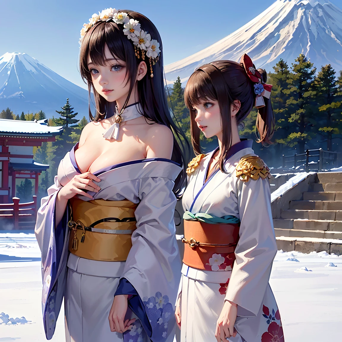 best quality, masterpiece, 

Three Japanese high-school short girls with cute style, 

looking straight ahead and striking a gutsy pose are standing (separately:1.4), side by side, 

wearing a striking(yellow, red, blue, green) kimono with a flower motif, 

(A kimono with floral patterns, particularly on the shoulders and chest:1.7)
(A kimono that completely conceals the chest and shoulders, revealing no skin at all:1.7)


(High-school-girls with a white short scarf, a white feather shawl around her neck:1.5),,

 (High-school-girls who are almost the same height:1.7),

(Japanese kimono:1.7),(innocent and pure high-school short girls:1.7),


((too much smile)), very cute, face, head and waist fully visible, 

upper arms hidden by clothes and hair, 

(only one well-shaped beautiful mount Fuji is completely covered with white snow from top to bottom:1.5), 

(vermilion shrine entrance:1.2), very thick and large pine trees, winter(season),

 Snow is accumulating on the roof and pine trees. ,(outdoors:1.5),