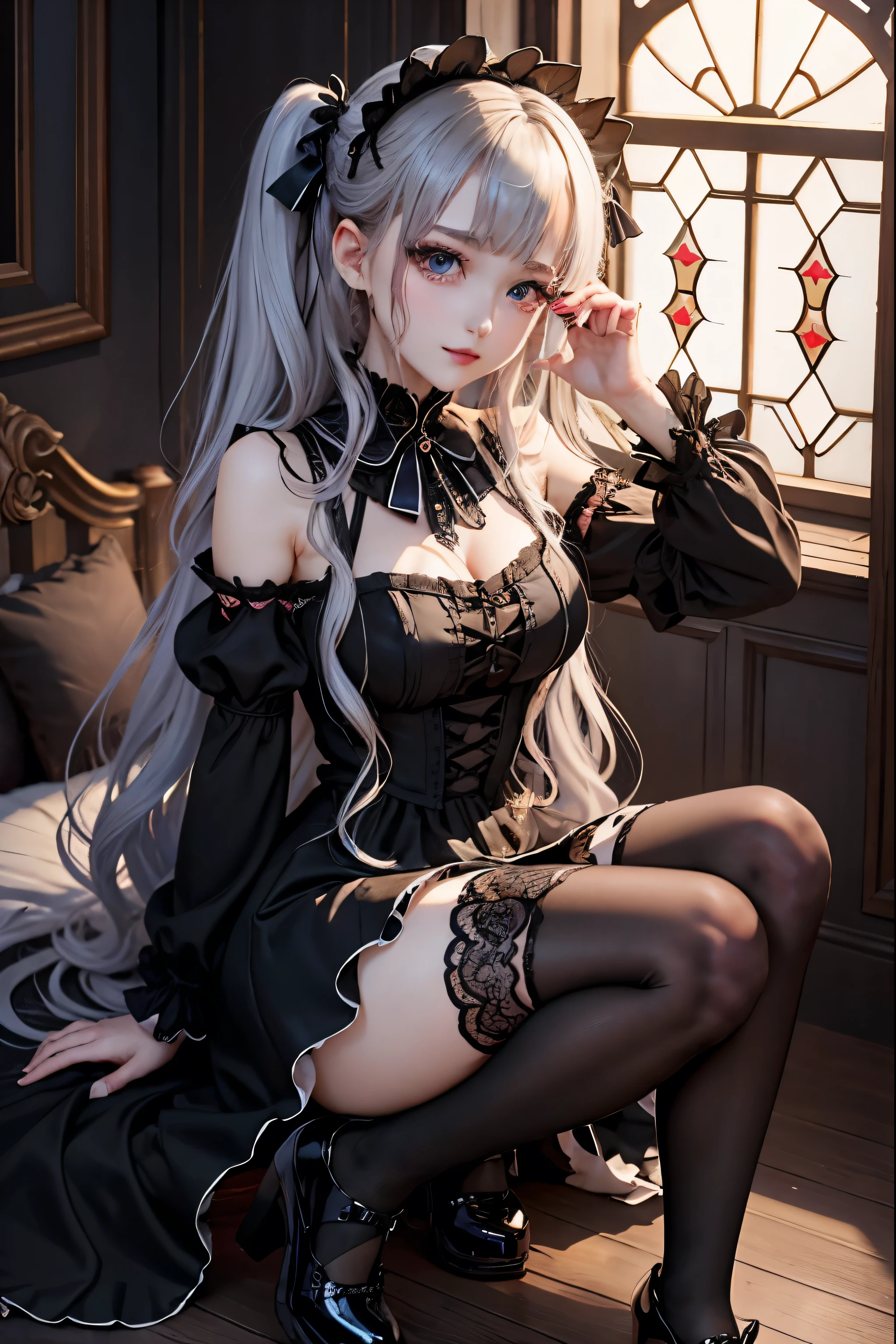 Hard Dark Gothic Makeup、Black dark eyeshadow、sad、Good skin radiance、Dark Gothicメイク、Dark smile、palace、The beauty of fragrance、24-years-old、Expression of intense sexual pleasure、Embarrassed look、Dark Gothic、Highest quality、Expression of sexual pleasure amid suffering、Drunk face、紫のMaid clotheysterious、Noble、The face of someone holding it in the toilet、sexy、Loving smile、Twin tail hair、Right blue eye, Left eye is red、Super tempting pose、Platform Heel Shoes、Heavy makeup、Gothic ta clothes、Silver Hair、Long Hair Straight Hair、Cute Gothic Loliress、Beautiful Face、elegant features、Attractive face、Stained glass is the background、Chest glistening with sweat、The room is dark、goth long dress、Bell Sleeves、Wizard Sleeve、Decadent look、Sexually excited expression、Glossy thighs wet with water、Thighs that are wet and shiny with oil、Background of a room full of roses、sad expression、Rose Maiden、The embroidery is pink、The dress has pink embroidery.、Thigh-high socks、Knee-high socks、Gentle expression、Dark black eyeshadow、Stained glass and rose background、thighs are a little thin、Female Duo、Female couple、dark church background、Stained glass、Black metal world、Dark Castle、Dark Room、Slender body、gothic long dress、Victorian dress、Small breasts、Hold the wine in your right hand、Hold the lantern in your left hand、pantyhose、The bed is covered with roses、Lying in bed、Her thighs are shining with sweat、My body is wet and shiny、Lots of glitter on the thighs、sweating、My thighs are sticky from sweating、Sweat glistening on my thighs, The whole body is sweaty and shiny、I sweated a lot.、My thighs are sweaty、My thighs are wet、My thighs are shining with sweat、A lot of sweat glistening all over the body、Slender body、Put your head on the pillow、Sleeping on a bed、Beautiful legs、Sleep with your legs stretched、