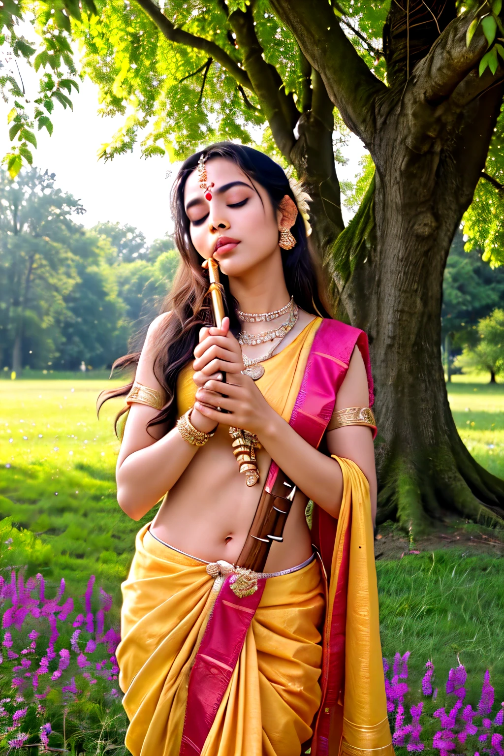 Women, slim, wear indian white saree,
her foot on the trunk and her hands holding the branch of a stylized flowering ashoka or, less frequently, other tree with flowers or fruits.her foot on the trunk and her hands holding the branch of a stylized flowering ashoka or, less frequently, other tree with flowers or fruits.