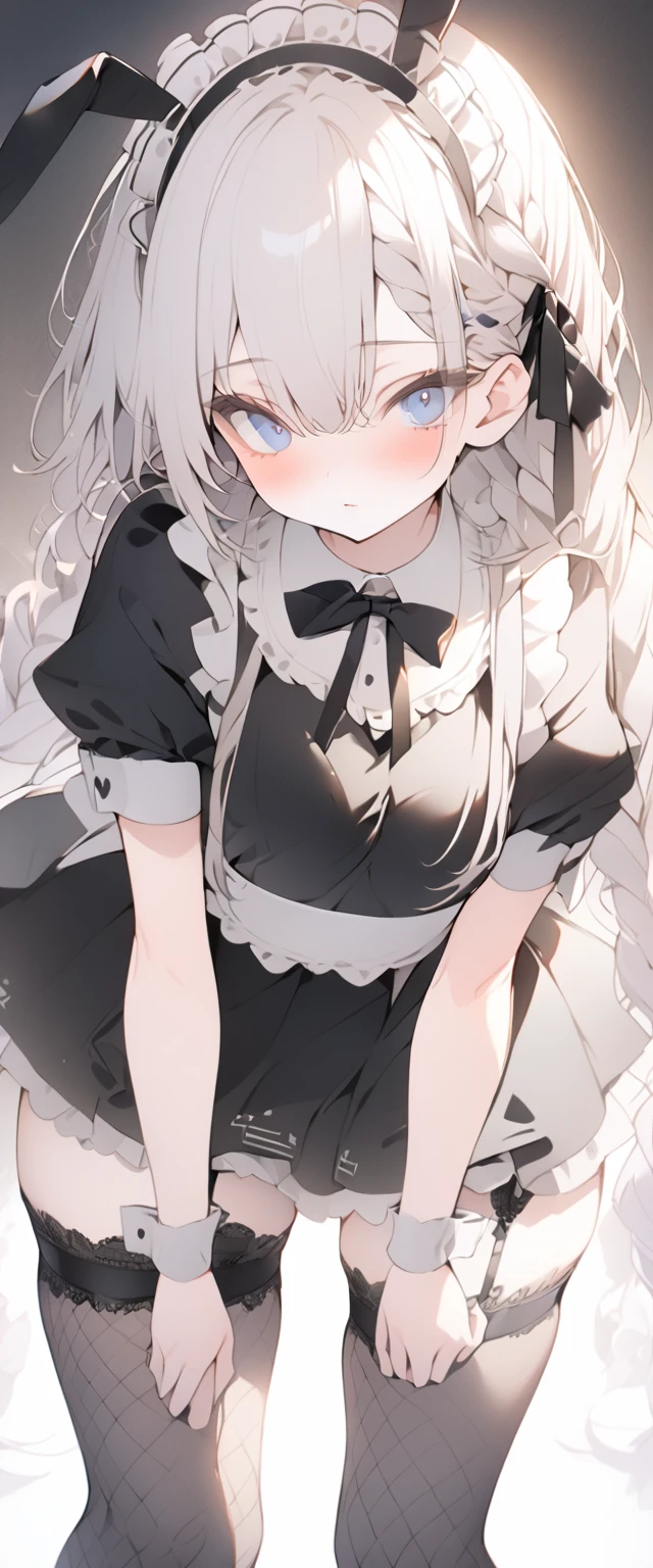 beautiful, masterpiece, Highest quality, anime, One girl, C Cup,Portrait Shot, View your viewers, Covered、Long Hair、nearby、Blue Eyes、art、、White hair,black streaked hair, dark atmosphere、Thighs、Braid、Bunny Maid、Under the skirt_garter belt、Fishnet tights