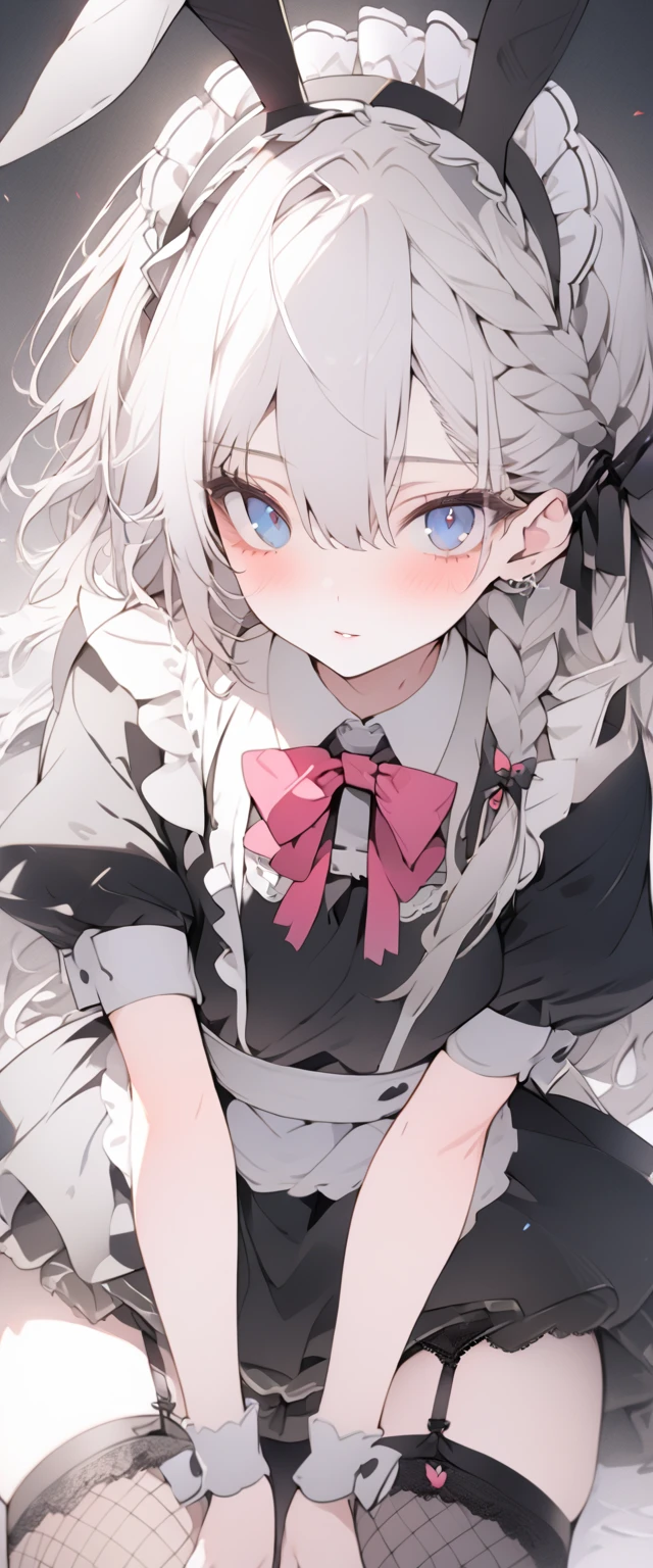 beautiful, masterpiece, Highest quality, anime, One girl, C Cup,Portrait Shot, View your viewers, Covered、Long Hair、nearby、Blue Eyes、art、、White hair,black streaked hair, dark atmosphere、Thighs、Braid、Bunny Maid、Under the skirt_garter belt、Fishnet tights