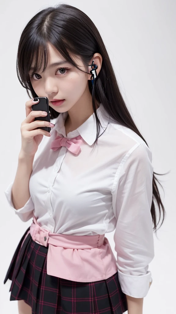 (((forehead、Northern Europe、White people、beautiful girl、Black Hair、White background、Pink wireless headphones、Holding a smartphone、high school girl、Dress shirt、mini skirt)))、table top, highest quality, figure, super detailed, finely, High resolution, 8k wallpaper, Perfect dynamic composition, detailed and beautiful eyes, Deco out,bionde, super big breasts, Natural color lip,white background, random cute poses,